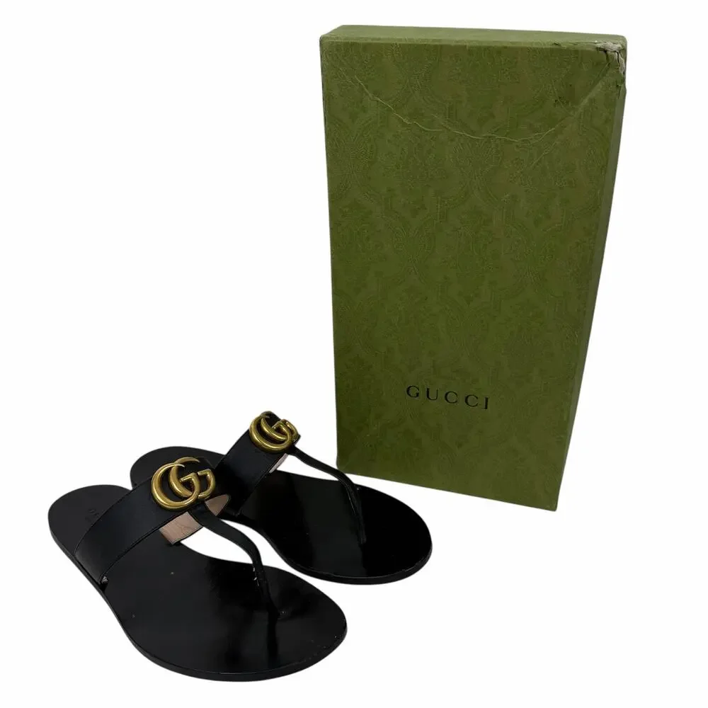 Gucci Black Leather Thong Sandal Gold Double G Logo Size 37